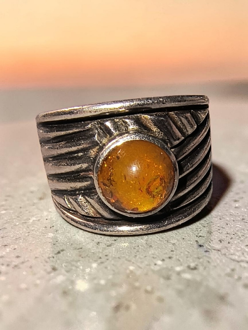 Genuine Amber And Sterling Silver Thick & Wide Band Designer Ring